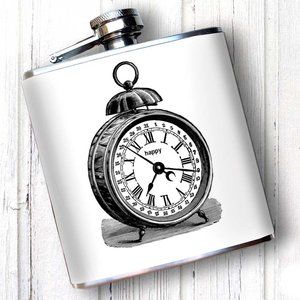 Hip Flask Happy Hour Antique Alarm Clock Designer Oso + Bean 6 Oz New Fun Gift